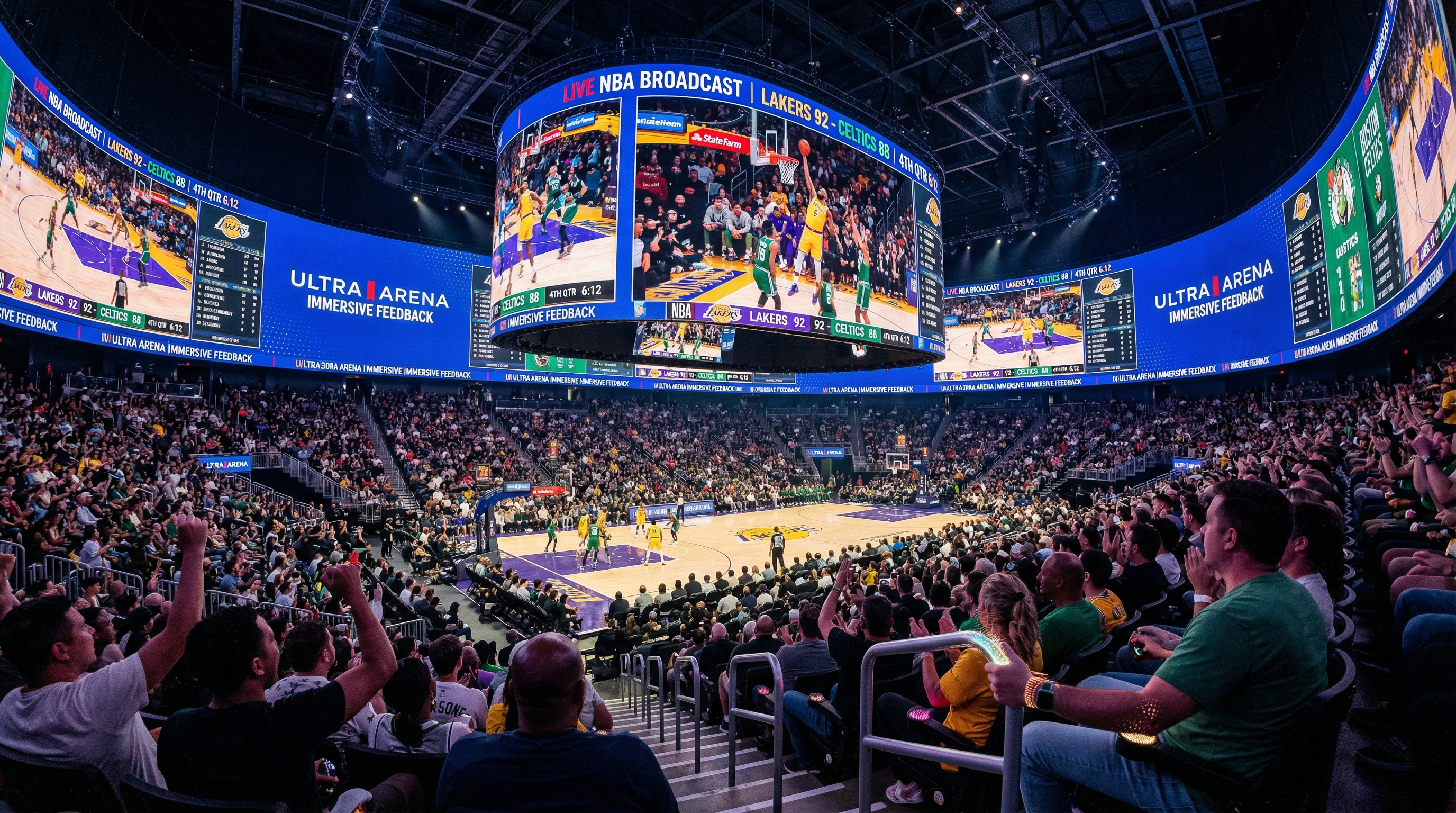 40-foot curved LED walls surrounding stadium arena with immersive sports broadcast display and haptic feedback technology