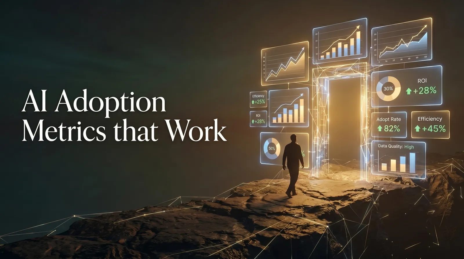 Accounting professional reviewing AI adoption metrics on a dashboard, with usage counts and outcome data side by side