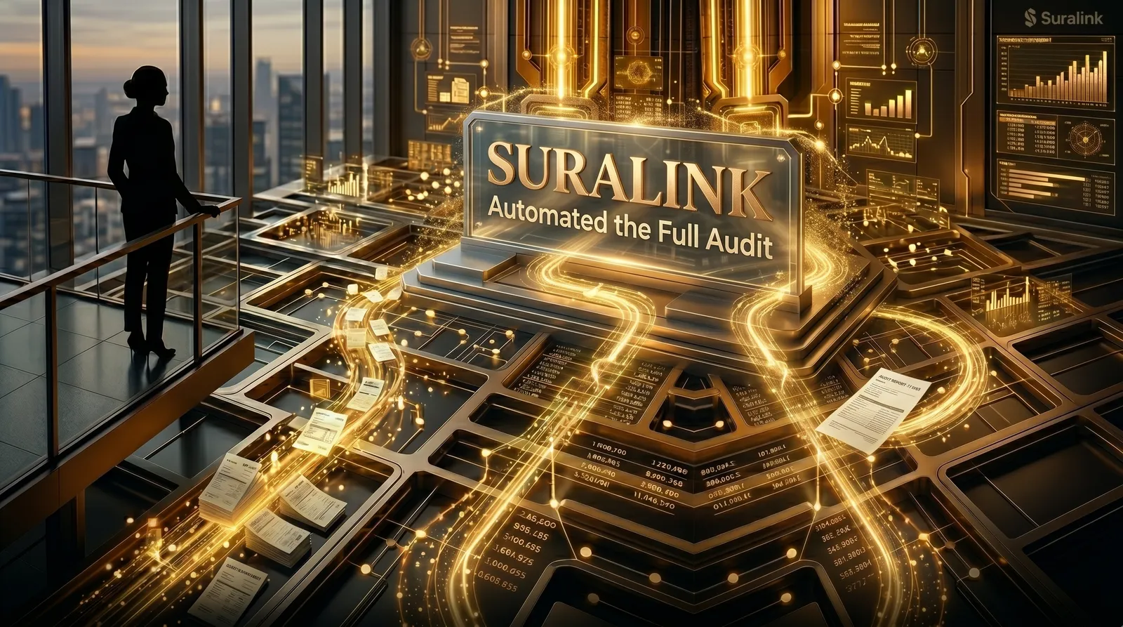 Suralink agentic AI platform dashboard showing automated audit workflow with Claude and Copilot integrations across the full audit lifecycle