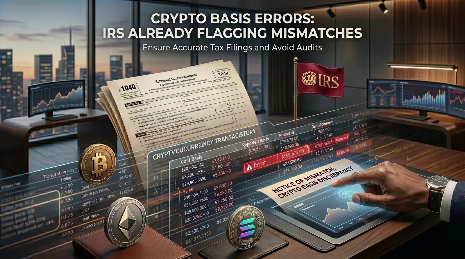 Desk scene with IRS flag, Form 1040, cryptocurrency coins, and a digital notice of mismatch flagging crypto cost basis discrepancies — representing the 1099-DA reporting errors brokers filed that the IRS is now auditing.