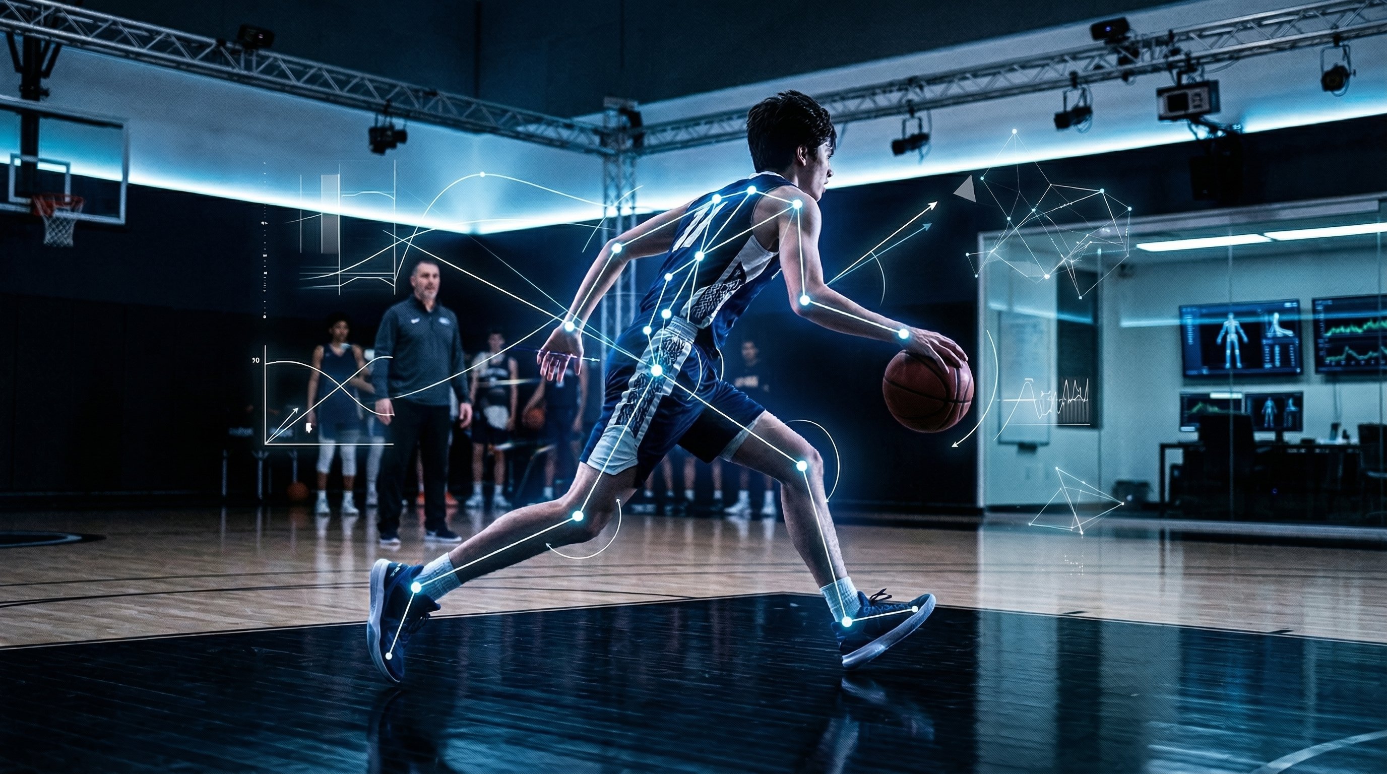 High school athlete motion tracking with AI pose estimation visualization and skeletal keypoints