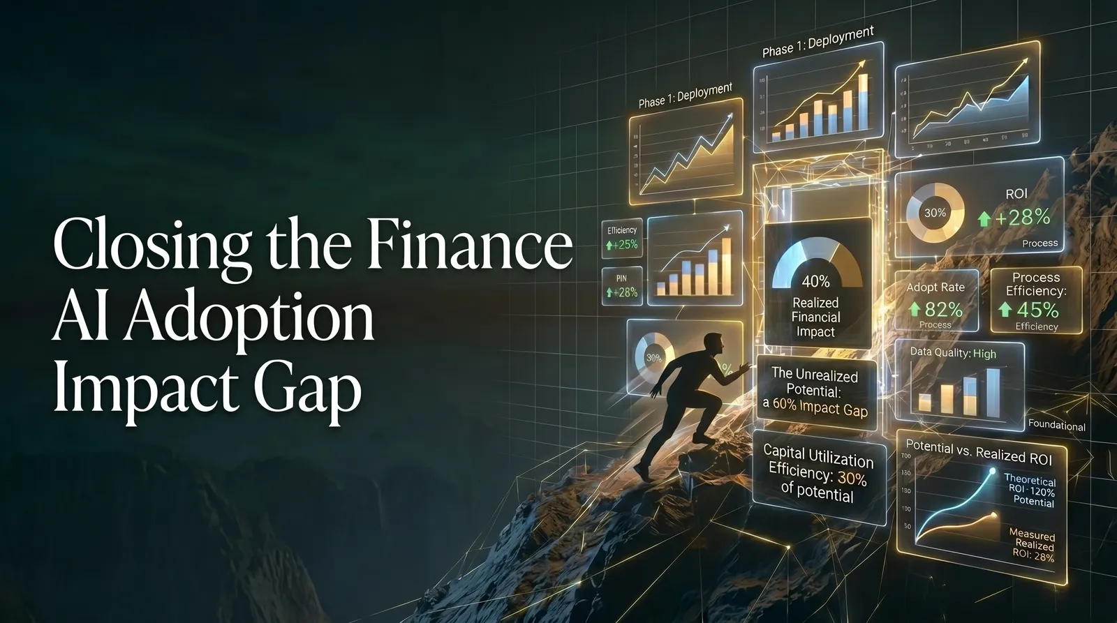 Business professional climbing toward a glowing dashboard of financial AI metrics — ROI, adoption rate, process efficiency — representing the gap between AI adoption and measurable impact in finance operations.
