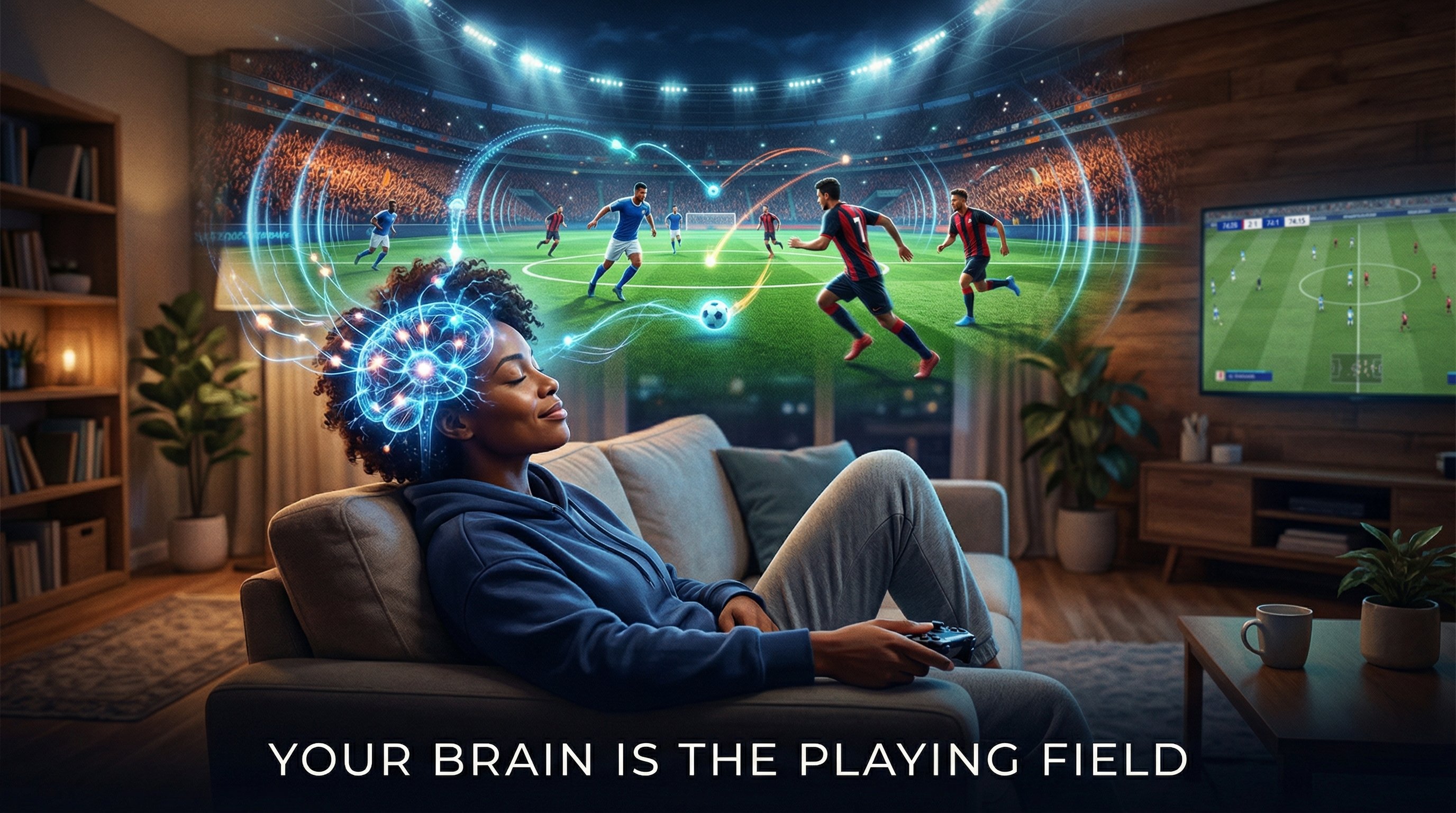 Immersive VR sports stadium with spatial computing overlay showing neural interface technology