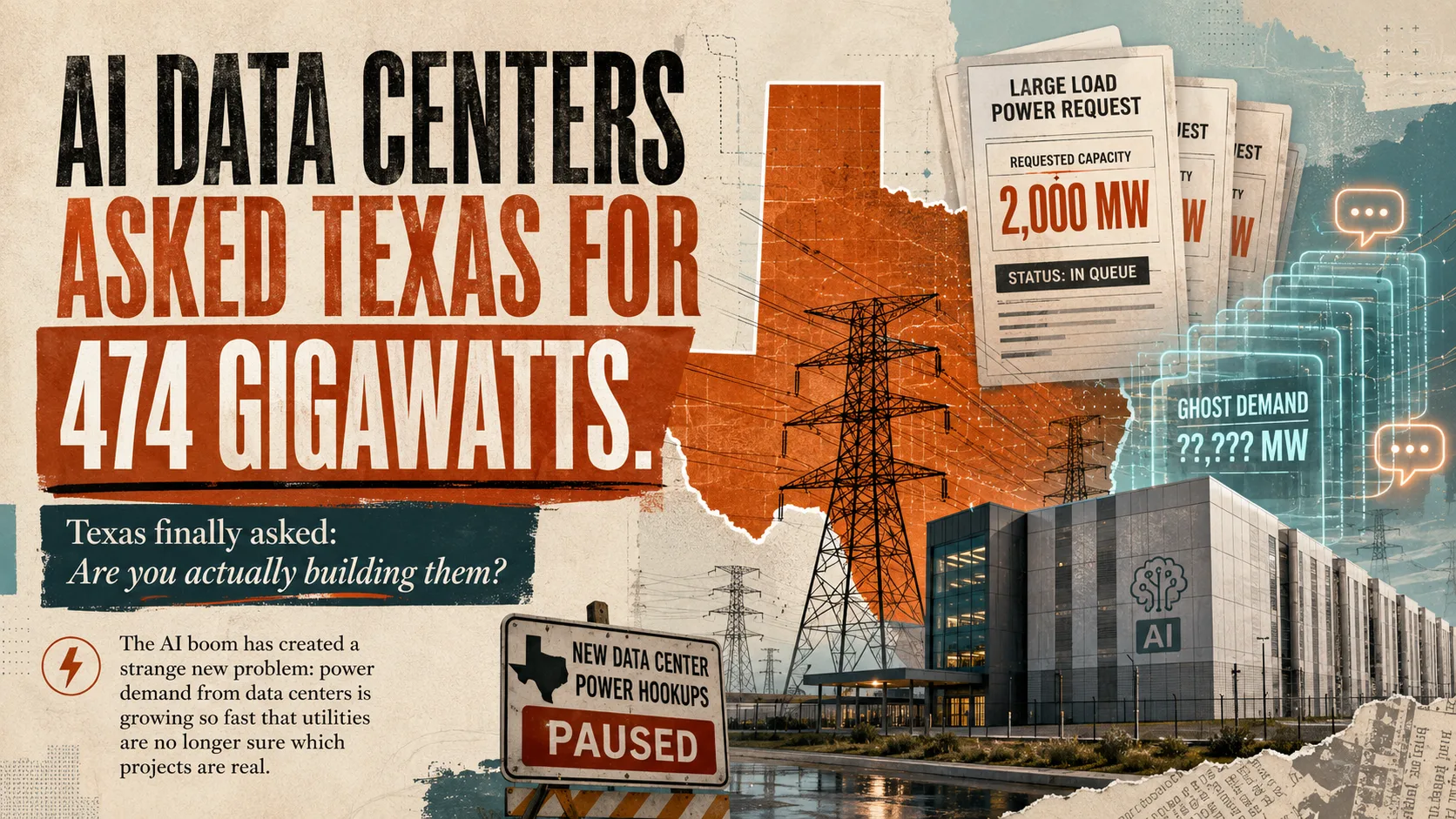 Collage of Texas transmission towers, a data center and stacked large-load power request forms headlined 474 gigawatts