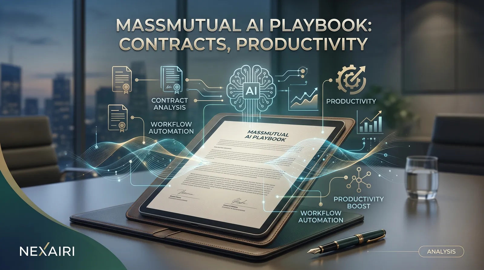 Tablet displaying MassMutual AI Playbook surrounded by contract analysis, productivity and workflow automation icons.