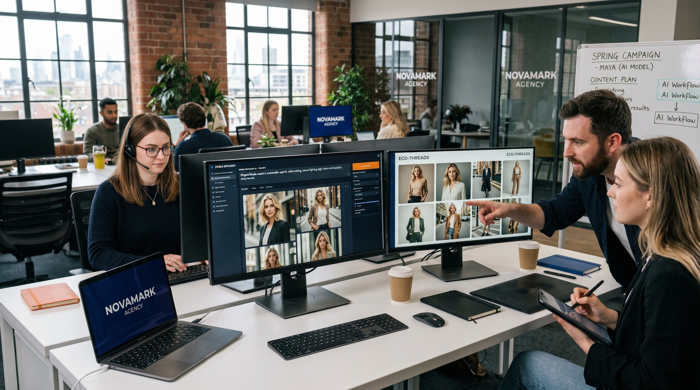 Fashion campaign image contrasting real human photography with AI-generated bodies, overlaid with Wikipedia policy iconography