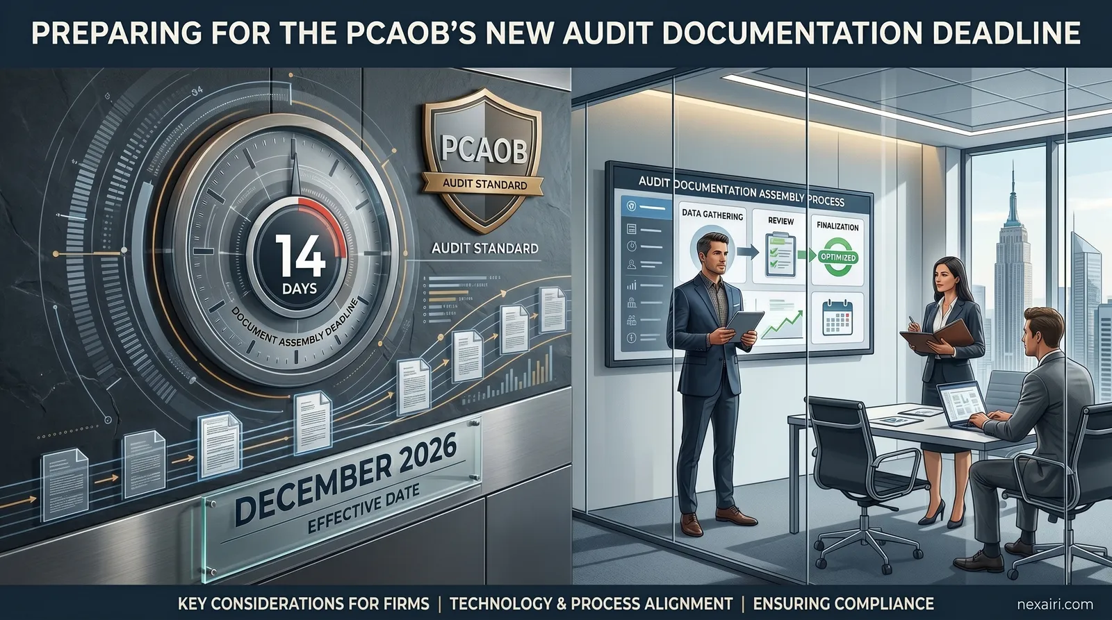 Audit team reviewing PCAOB documentation deadlines and supervisory review schedule before report release