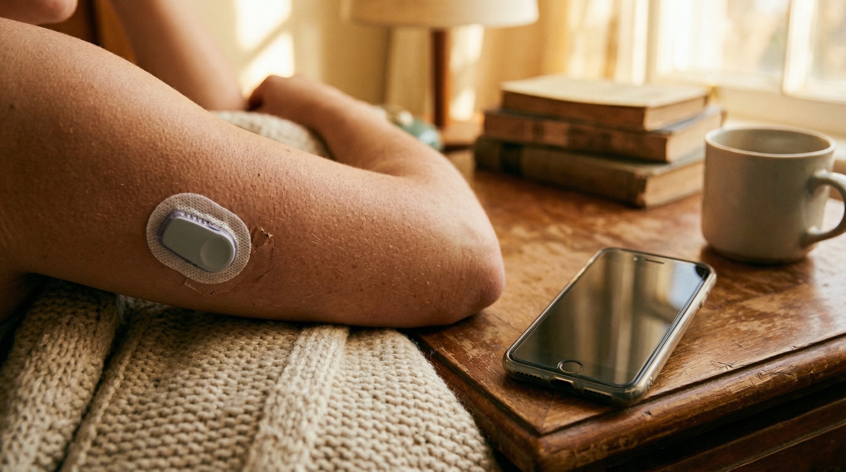 Close-up of continuous glucose monitor sensor showing metabolic health tracking technology