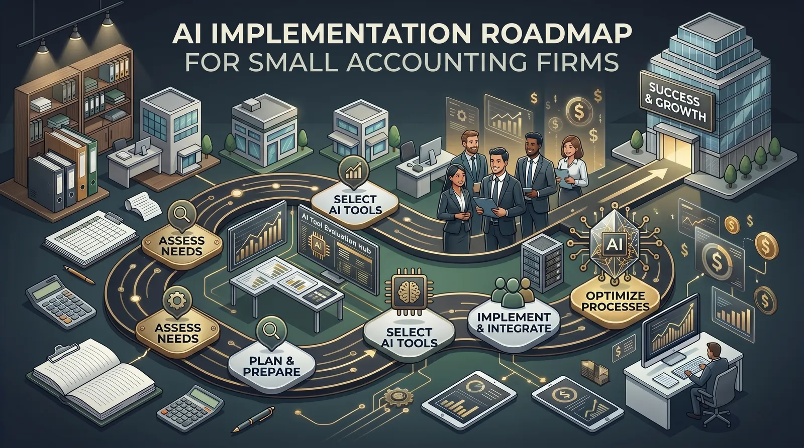 Small accounting firm team implementing five-stage AI adoption maturity model with workflow documentation and process maps