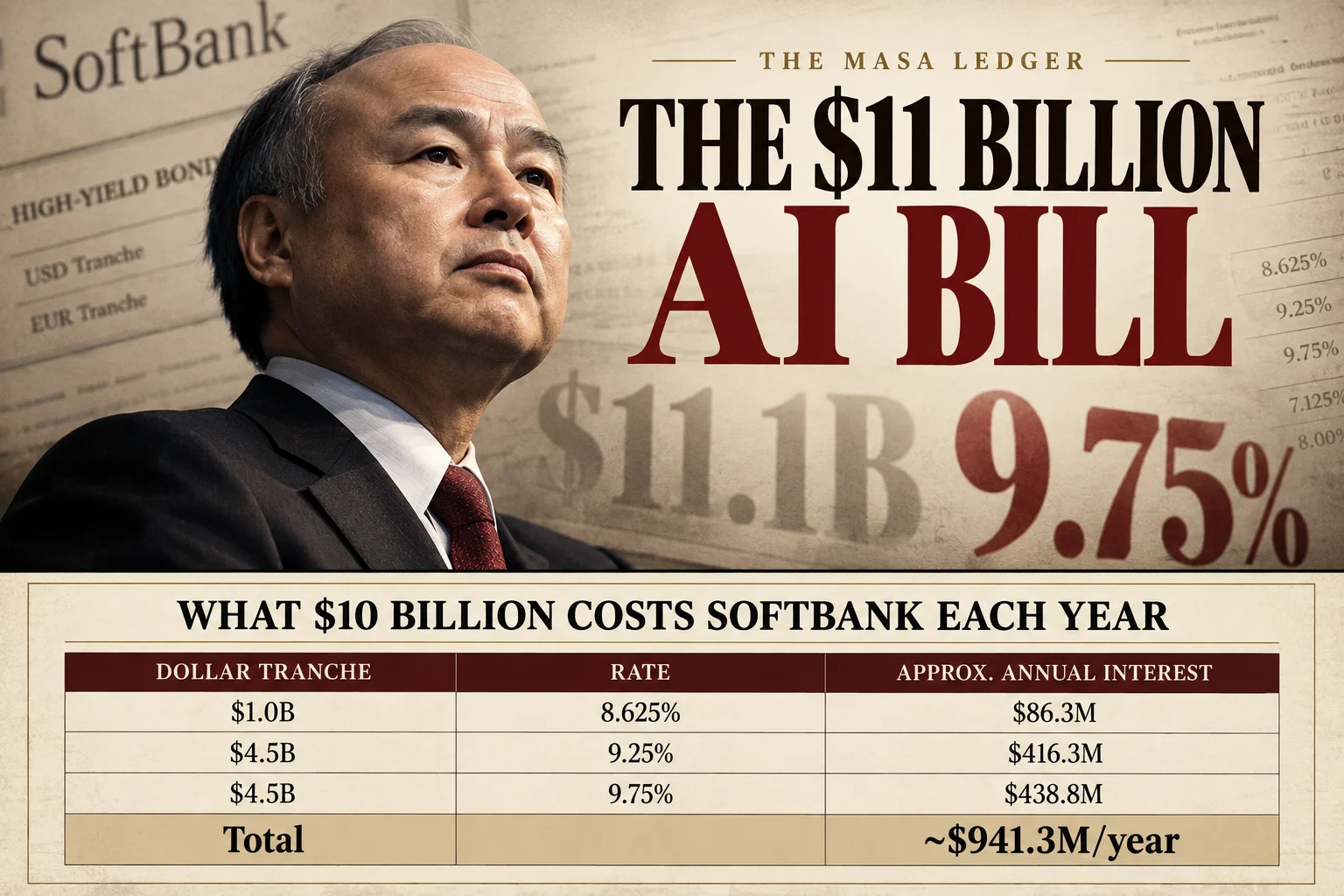 Masayoshi Son beside a table of SoftBank bond rates and yearly interest costs